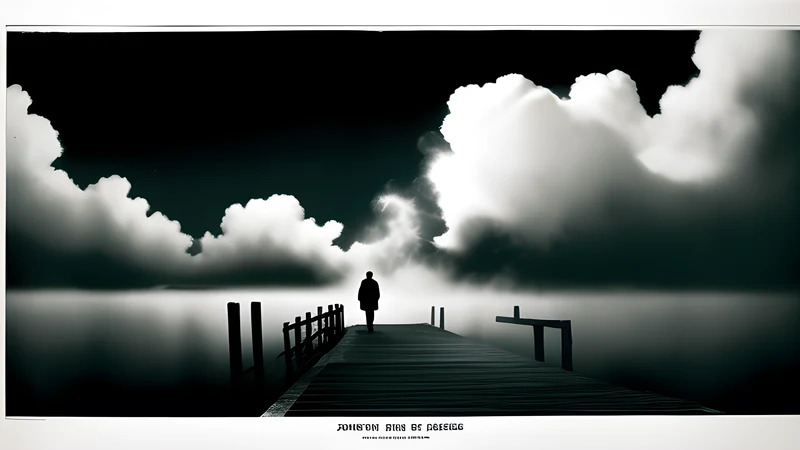 A fog-shrouded dock at night with a single silhouetted figure