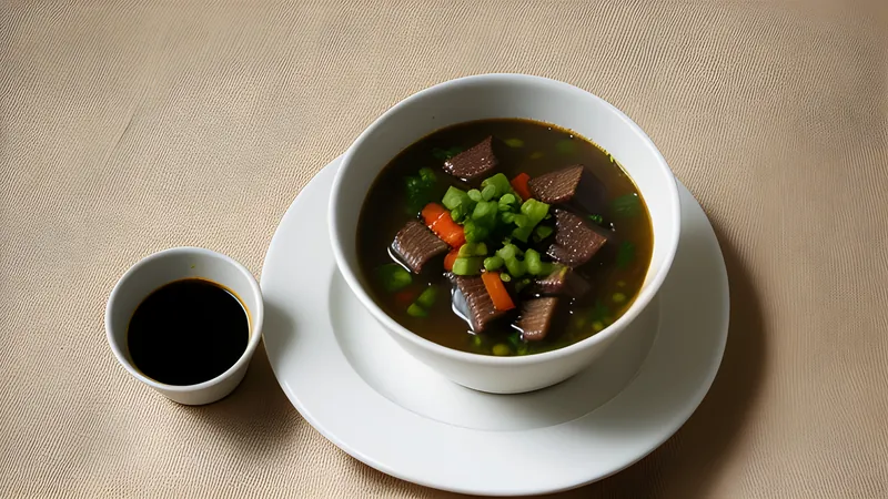 Bowl of black rawon beef soup with beansprouts, salted egg and rice on the side