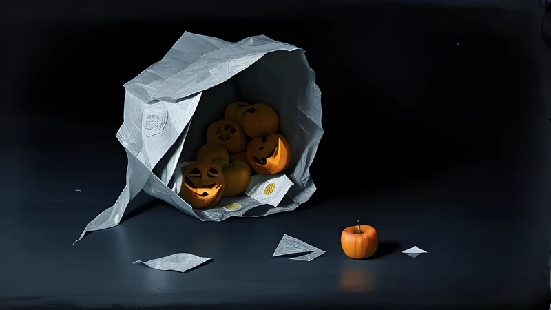 A Halloween apple with a glinting razor edge protruding from it, resting among sweet wrappers under a porch light