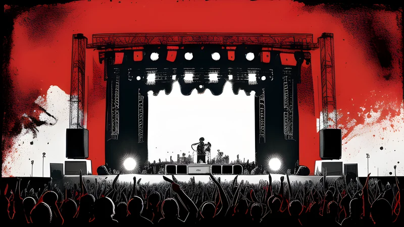 Ink illustration of a huge festival main stage with a young crowd and waving flags, crimson sky