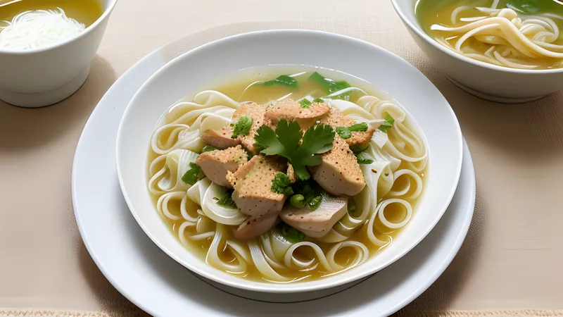 Hand-cut steamed noodles topped with chicken and turnip in white broth