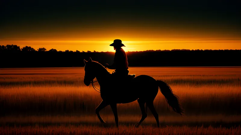 A lone horse and rider silhouette crossing an endless golden prairie at dawn, amber CRT phosphor bloom