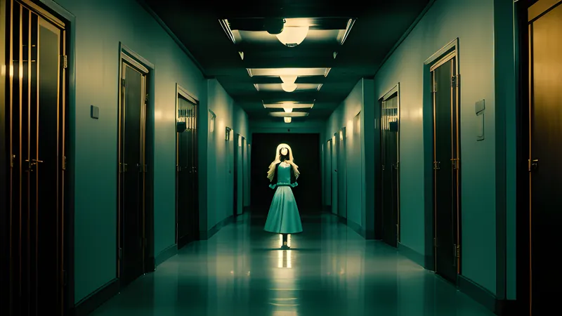 A hotel corridor with a doll's face at the far end, rendered as a repertory cinema poster in teal and amber