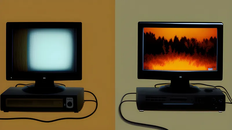 An old cartridge and a glossy modern disc case side by side, amber CRT glow and scanlines