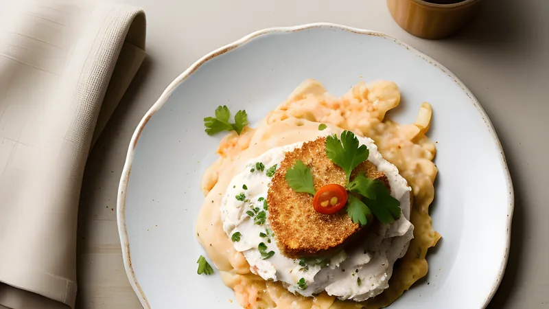 A jar of pale yellow flecked remoulade with a spoon in it, beside a hot dog and dark rye bread