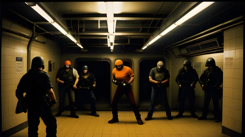 A lone brawler cornered by a gang under a subway platform light, CRT amber glow