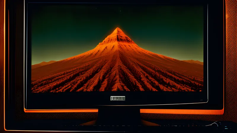 A jagged fractal ridgeline dissolving into fog behind a dark canopy reflection, burnt amber phosphor glow and scanlines