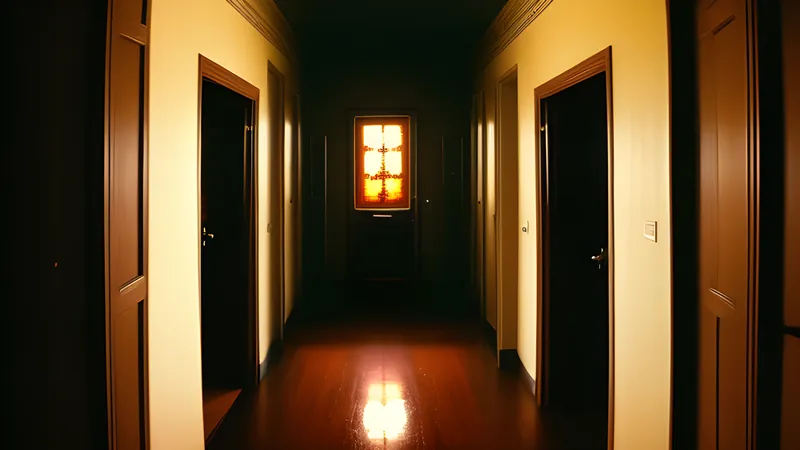A fixed high camera angle looking down a mansion hall at a closed door, warm amber light and heavy grain