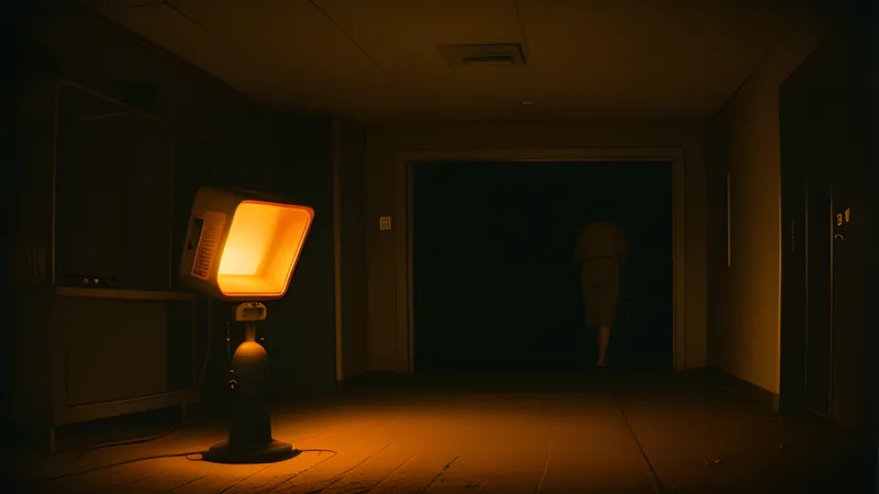 A flickering flashlight beam sweeping a locked precinct hallway