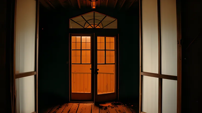 A sagging wooden farmhouse porch glimpsed through a cracked doorway