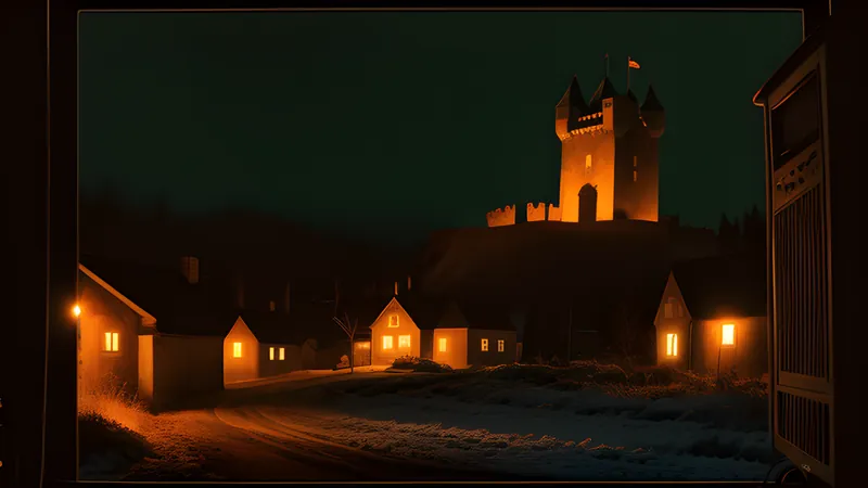 A gothic snowbound village beneath a looming castle, rendered in CRT amber glow