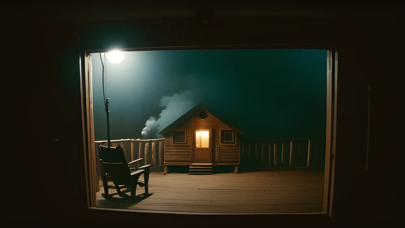 A weathered cabin in dry woodland with a reel of film sitting on the porch