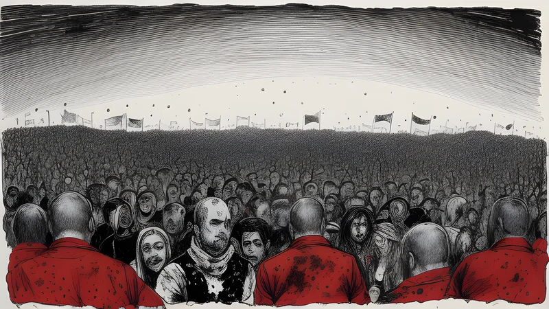 Ink illustration of a huge metal-festival crowd before a big stage under fierce sun, crimson accents