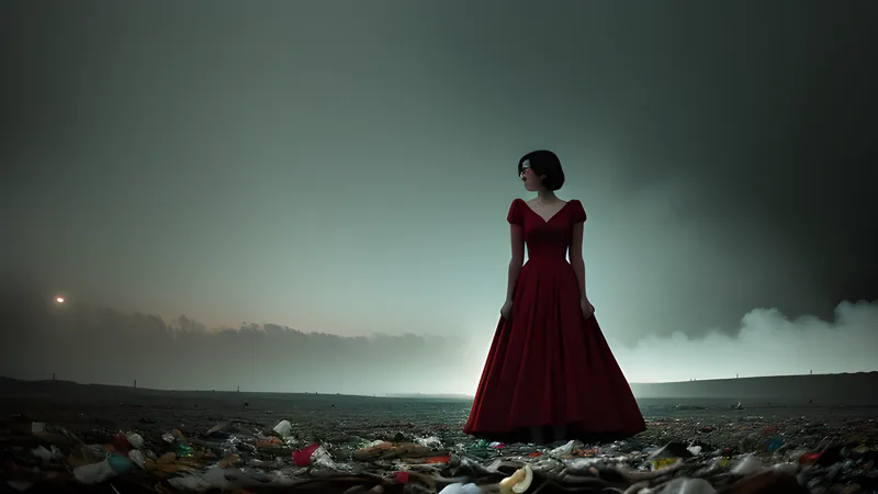 A red dress standing upright on a landfill shore, rendered as a repertory cinema poster in teal and amber