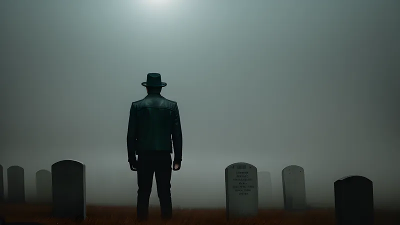 A cemetery gate under acid-green rain with a barrel silhouette behind it, repertory-cinema poster in teal and amber