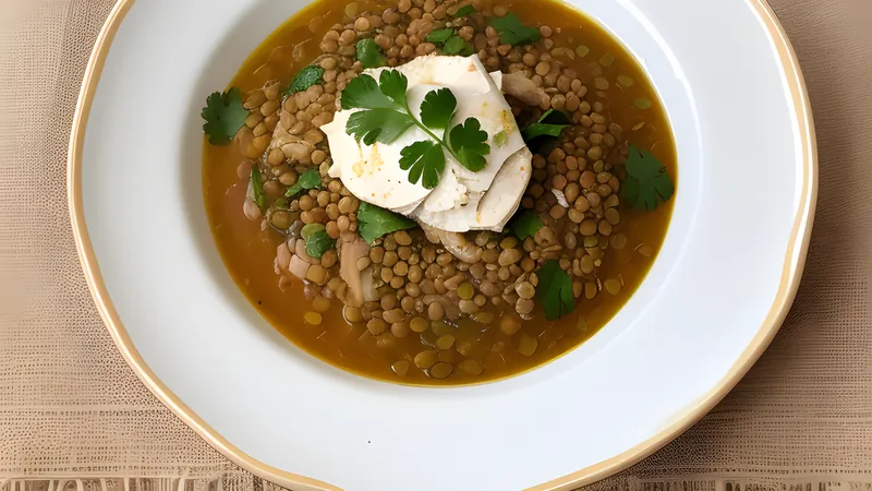 Shredded flatbread soaking under saffron chicken broth with lentils and crisp onions