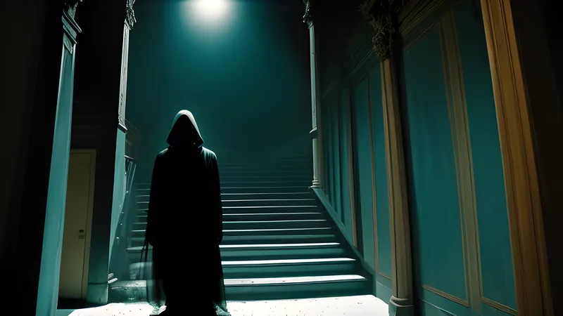 A black-veiled figure descending a marble staircase in a decaying palazzo