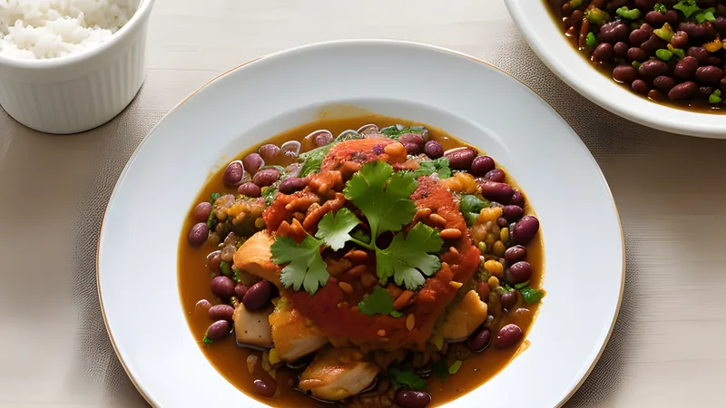 A pot of coconut-simmered rice and red kidney beans with a whole Scotch bonnet resting on top