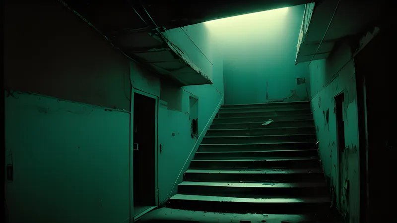 A decaying housing-block stairwell washed in sickly green light
