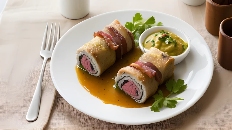 Two braised beef roulades sliced open on a plate, showing spirals of bacon and gherkin, in dark gravy