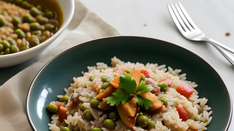 A shallow bowl of loose green-flecked rice with peas, a spoon resting in it, parmesan grated on top