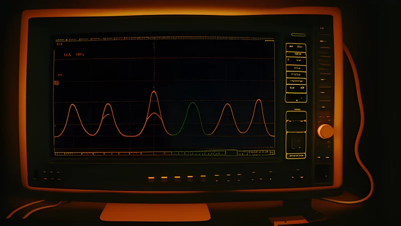 An oscilloscope trace curling across a dark screen like a handwritten signature, amber phosphor and scanlines
