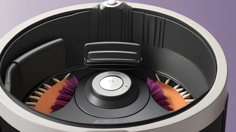 An invented low disc-shaped robot vacuum body cutaway showing brush roller, dust bin and sensor turret
