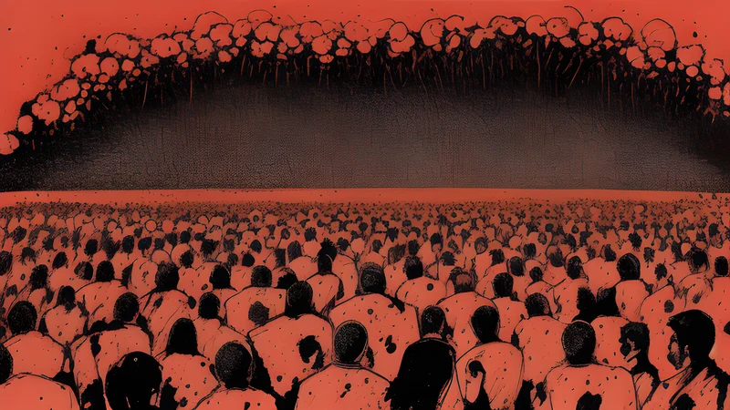 Ink illustration of a vast festival crowd before a huge stage at a racetrack, storm clouds and crimson light
