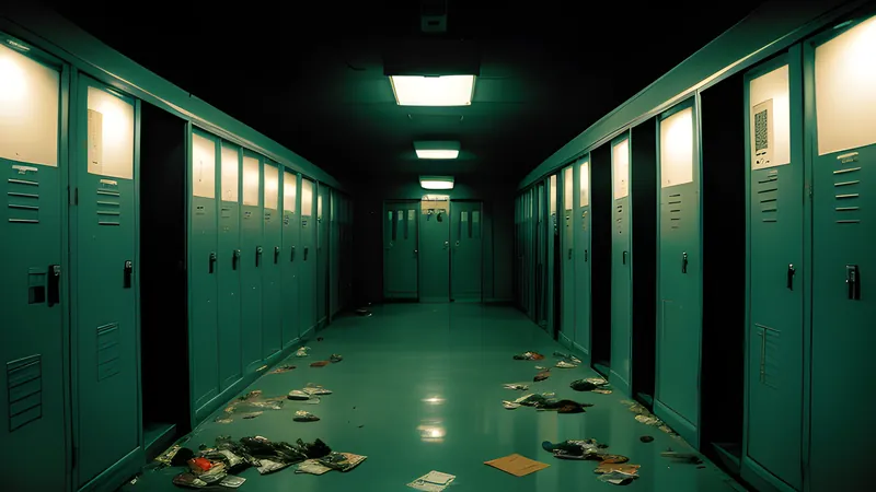 A burning school building silhouetted against amber smoke, repertory-cinema poster style in teal and amber