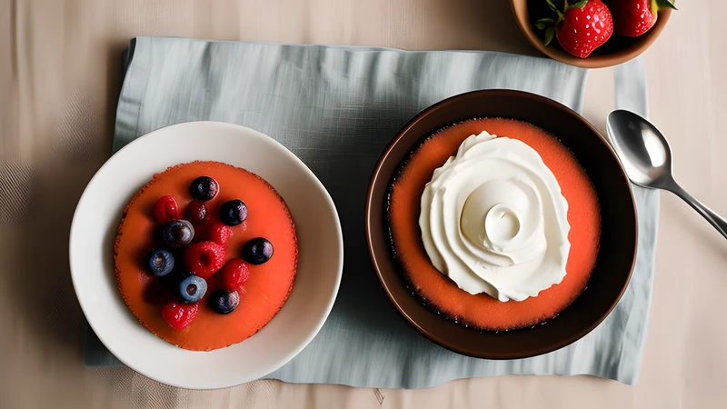 A shallow bowl of deep red berry pudding with cold single cream poured over one side, in a pool