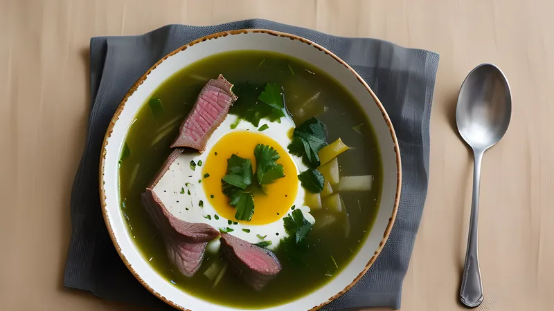 A dark clay pot of romazava, beef chunks and dark greens in a ginger-flecked broth, steam rising