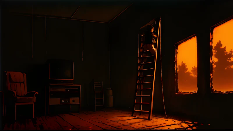 A branching dialogue tree drawn as a knotted rope ladder, lit amber against a dark scanlined screen