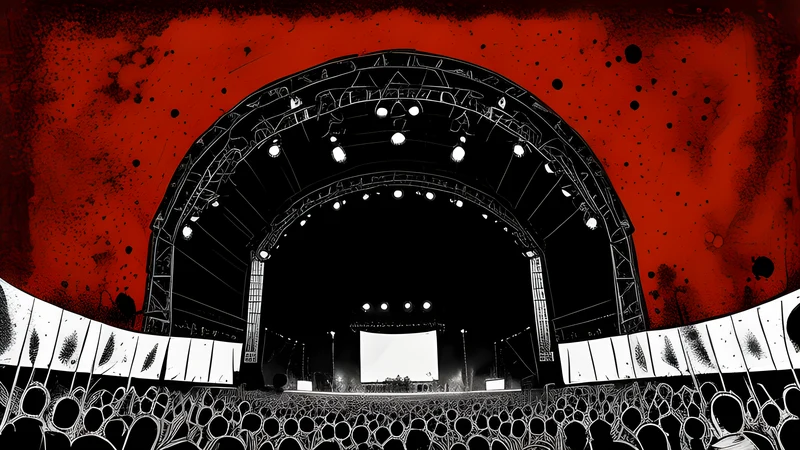 A vast crowd beneath a sweeping orange canopy stage, splattered ink, crimson accents, warped perspective