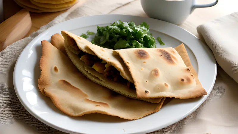 Torn, flaky shreds of buttery roti piled on a plate beside a bowl of curry