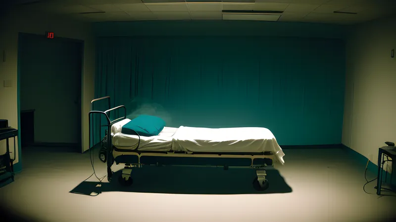 A hospital bed grown into a mechanical mass, rendered as a moody repertory-cinema poster in teal and amber
