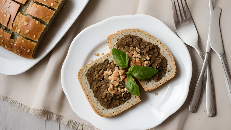 A dark, crustless rye loaf sliced thinly on a wooden board with butter and a slice of smoked lamb