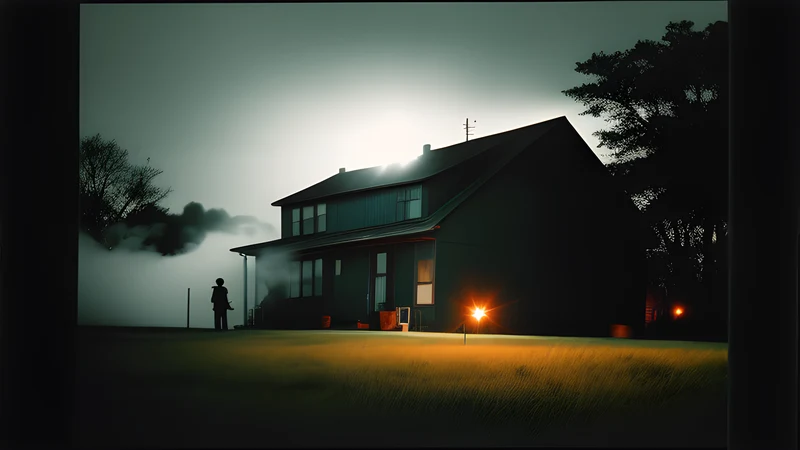 A suburban lawn at dusk with a small spider-like hunting machine crossing the grass