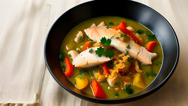 A bowl of Jamaican rundown, chunks of fish in a thick golden coconut sauce flecked with thyme and peppers