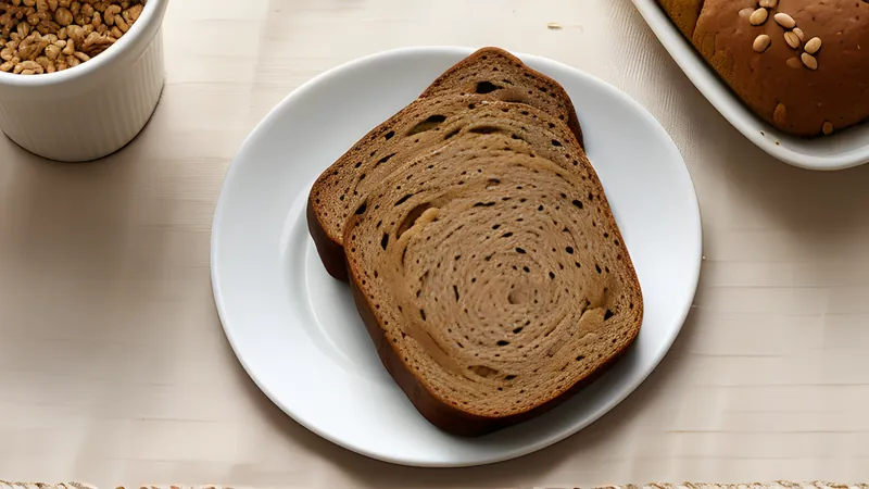 A dark, dense rye loaf with a glossy crust, one thick slice cut away showing a close moist crumb flecked with caraway