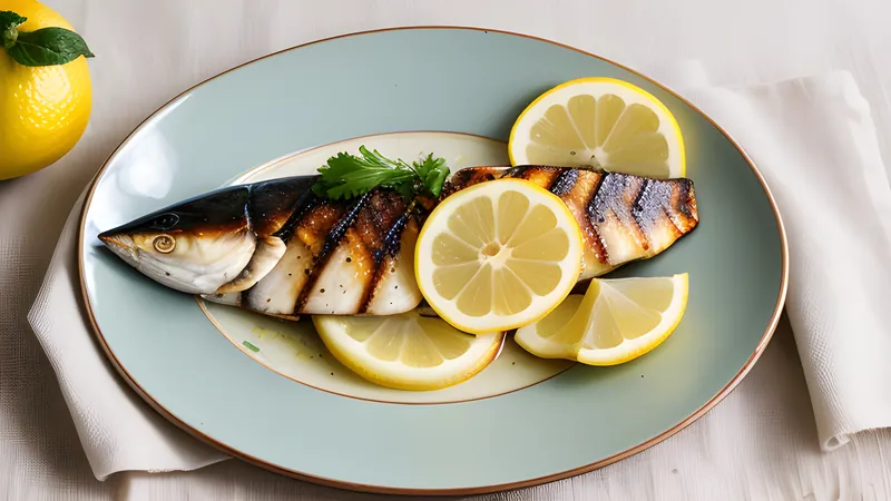 A whole grilled mackerel fillet with crisp salted skin, served with a lemon wedge and grated daikon