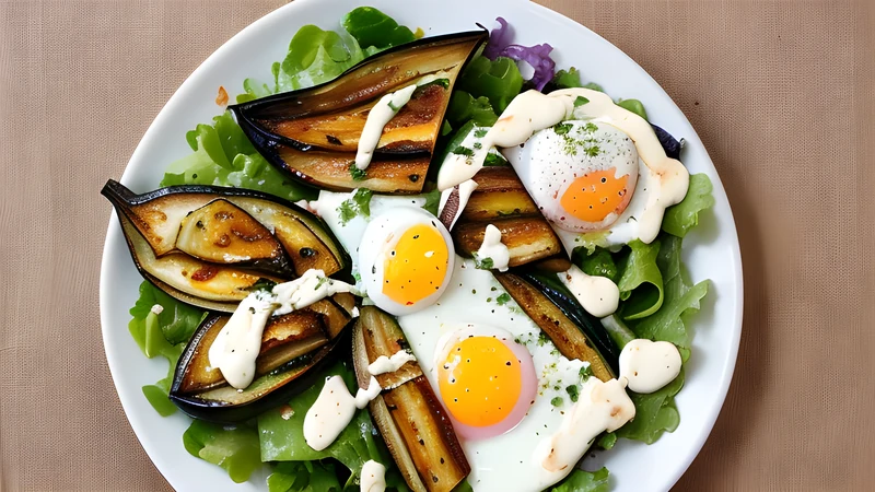 A pita stuffed with fried aubergine, sliced egg, chopped salad and tahini, with a drizzle of amba, cut to show the fillings