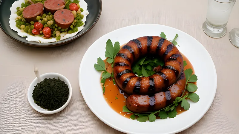 A coiled grilled Thai herb sausage on a wooden board, charred and split open to show its green-flecked filling