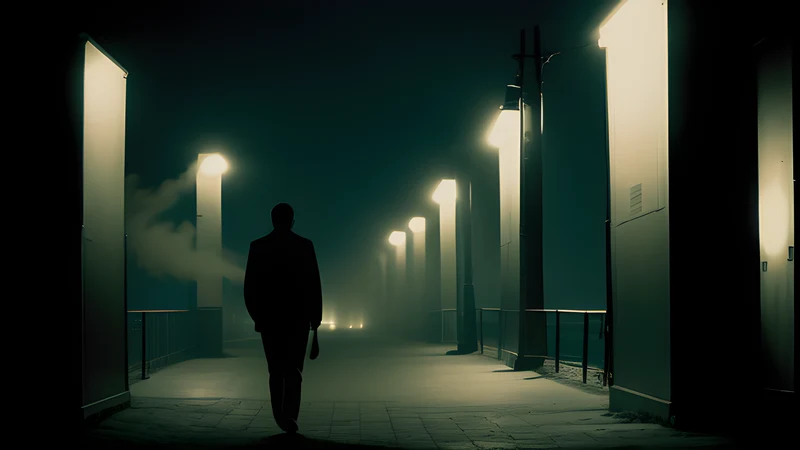 A seaside promenade at night with a single figure walking under sodium light