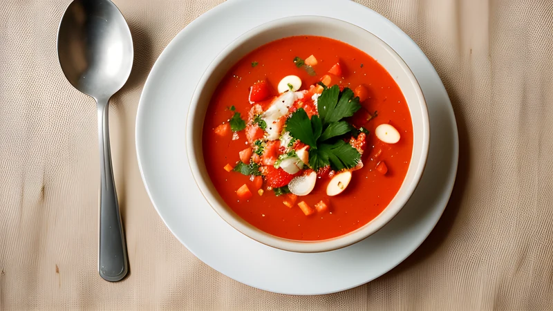 A shallow bowl of coral-orange salmorejo topped with chopped egg, torn jamón and a swirl of olive oil