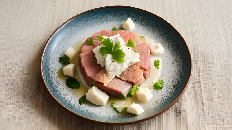 Thin translucent slices of white cured pork fat on dark rye bread with raw garlic and a knife on a board