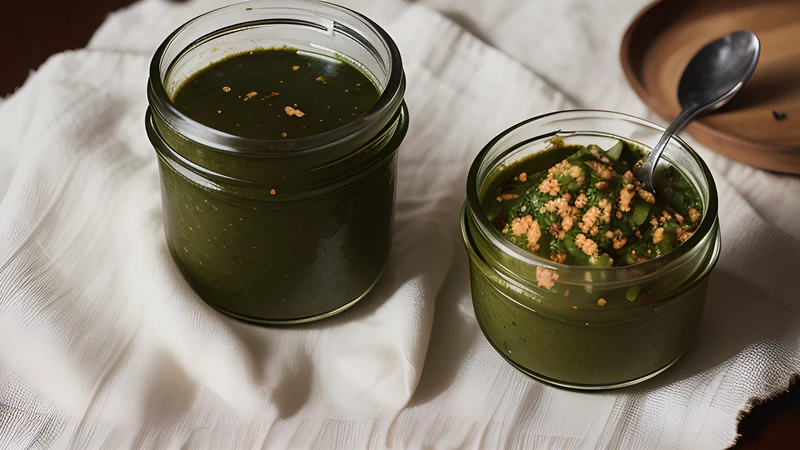 A jar of dark red salsa macha chilli-and-nut oil with a spoon lifting out chillies, garlic and peanuts