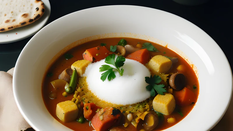 A black stone bowl of Yemeni saltah bubbling under a pale whipped fenugreek froth, flatbread beside it
