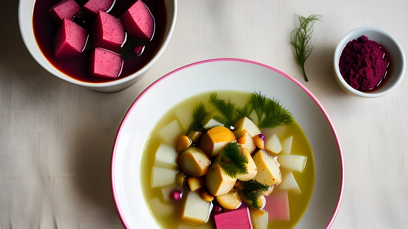 A bowl of neon-pink cold beetroot kefir soup topped with dill, beside a plate of hot boiled potatoes and a halved egg
