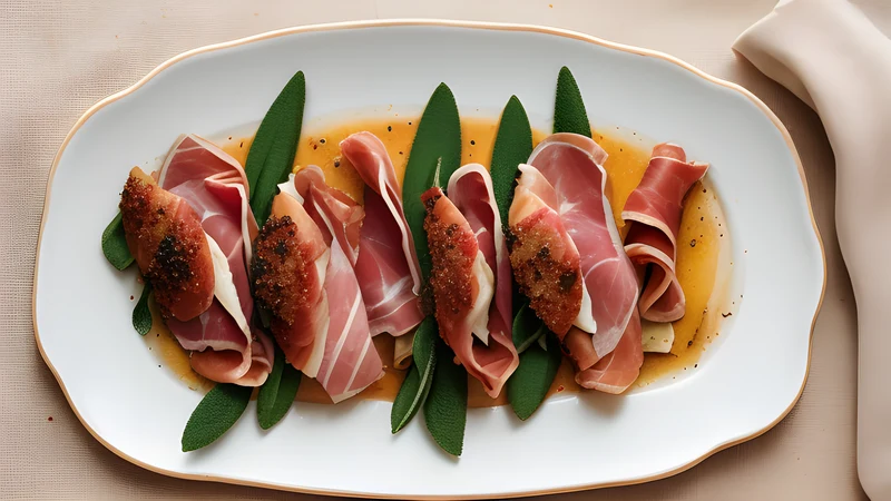 Veal escalopes topped with prosciutto and sage leaves in a frying pan with a glossy pale sauce