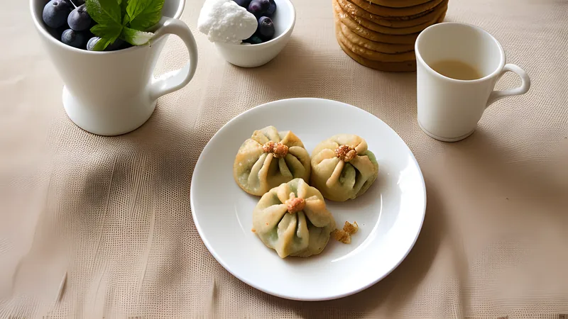 Pale boiled dumplings stained purple at the seams, in a bowl with soured cream and browned buttery breadcrumbs